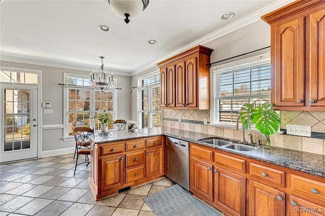 kitchen with dishwasher, ornamental molding, a peninsula, brown cabinetry, and a sink