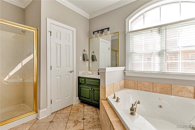 bathroom with vanity, crown molding, and a shower stall