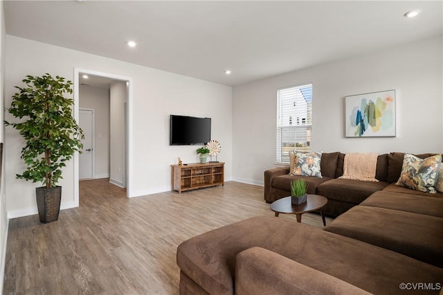 living area with baseboards, wood finished floors, and recessed lighting