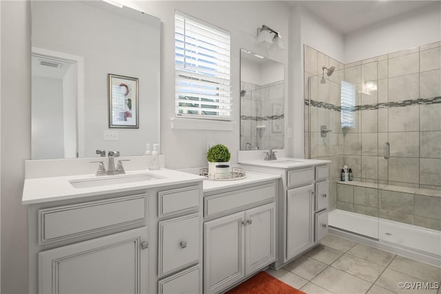 bathroom with a stall shower, tile patterned flooring, visible vents, and vanity