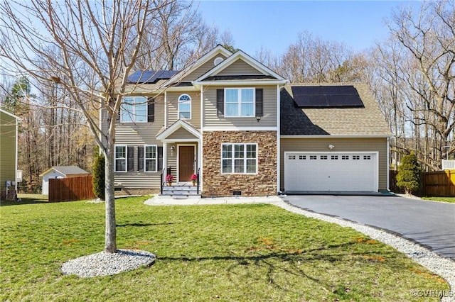 view of front facade featuring a garage, fence, driveway, crawl space, and a front yard