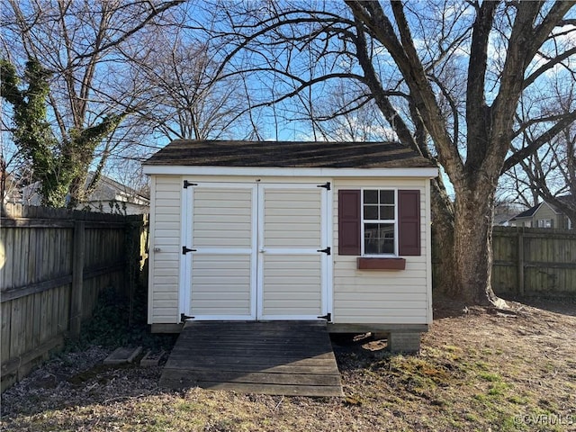 view of shed with a fenced backyard