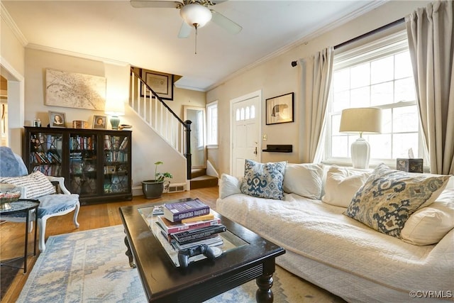 living room featuring crown molding, ceiling fan, wood finished floors, baseboards, and stairs