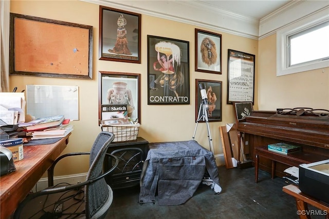 home office with baseboards and crown molding