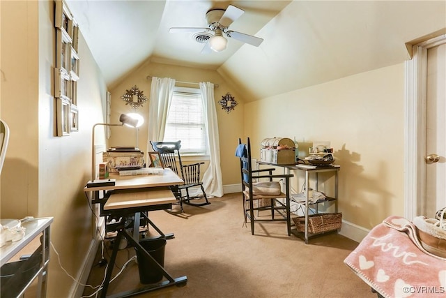 office with carpet, ceiling fan, lofted ceiling, and baseboards