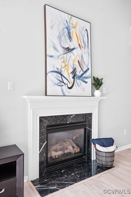 interior details featuring a fireplace, baseboards, and wood finished floors