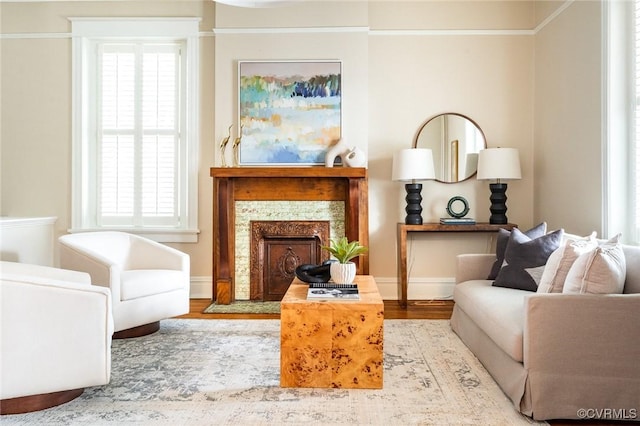 sitting room featuring a fireplace, baseboards, and wood finished floors