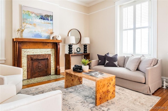 living area featuring ornamental molding, a fireplace, and wood finished floors