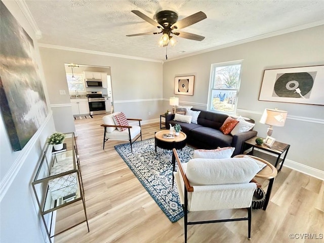 living area featuring crown molding, light wood-style flooring, ceiling fan, a textured ceiling, and baseboards