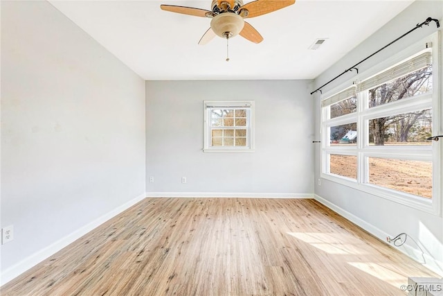 empty room with light wood-style flooring, a ceiling fan, visible vents, and baseboards