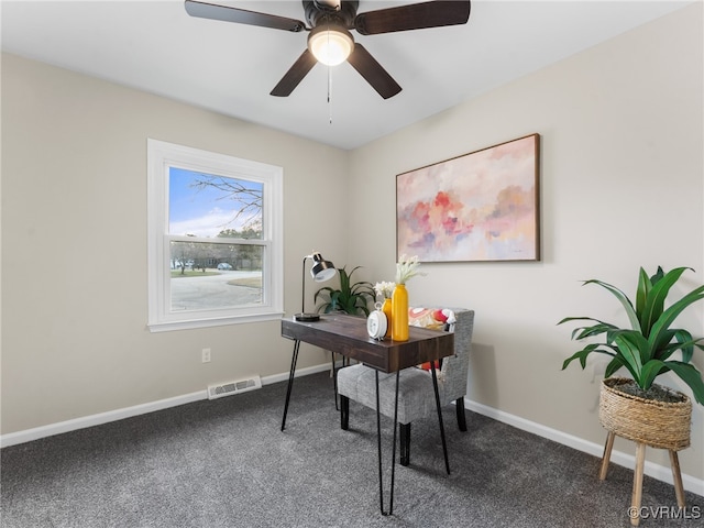 office featuring visible vents, dark carpet, a ceiling fan, and baseboards