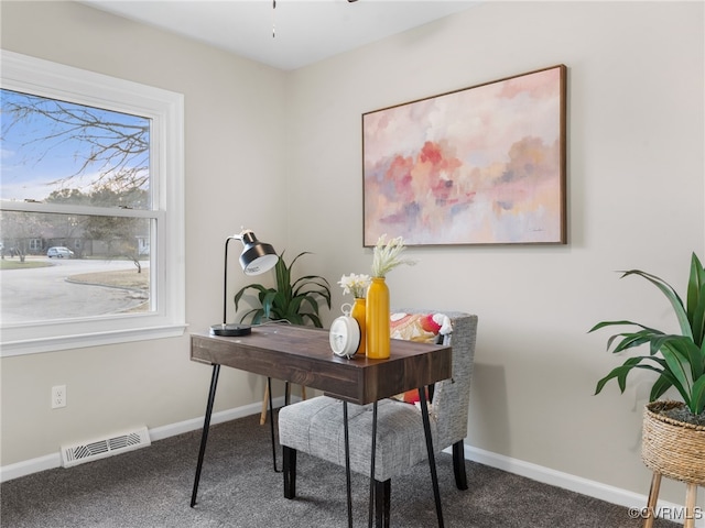 carpeted office with visible vents and baseboards