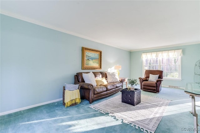 living area with carpet floors, crown molding, and baseboards