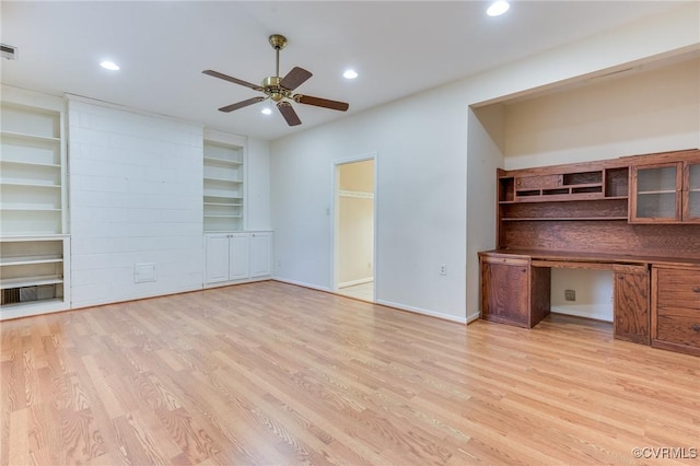 interior space featuring recessed lighting, a ceiling fan, built in study area, light wood-type flooring, and baseboards