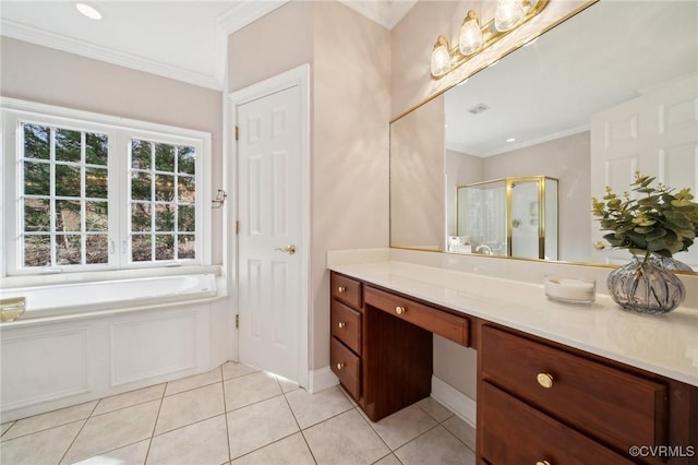 full bathroom with ornamental molding, a stall shower, tile patterned flooring, and vanity