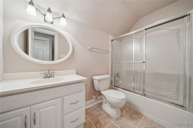 full bathroom featuring toilet, enclosed tub / shower combo, tile patterned floors, vaulted ceiling, and vanity