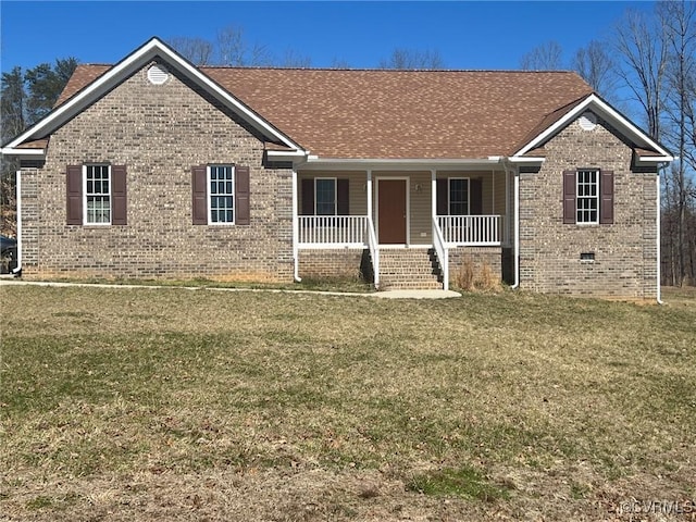 single story home with crawl space, a porch, a front yard, and brick siding