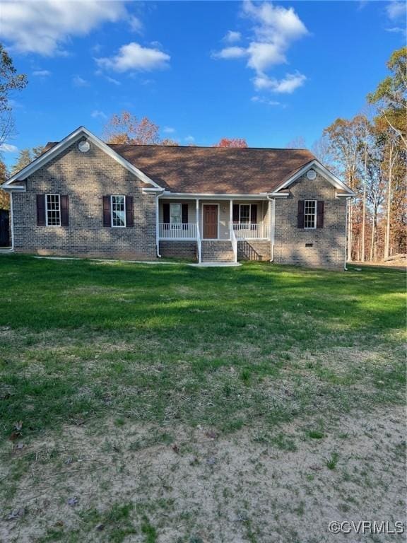 ranch-style home with crawl space, brick siding, a porch, and a front yard