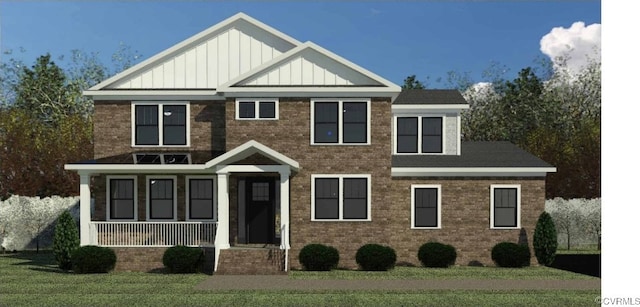 view of front of home featuring board and batten siding, covered porch, and brick siding