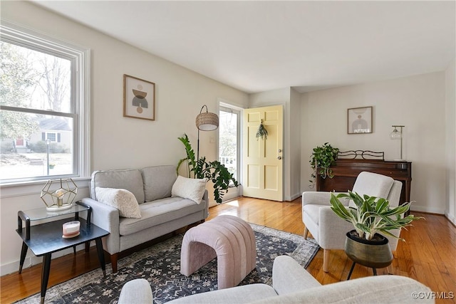 living area featuring baseboards and wood finished floors