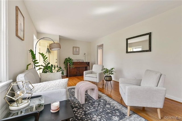 living area featuring baseboards and wood finished floors