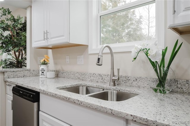 kitchen featuring a sink, light stone countertops, white cabinets, and dishwasher