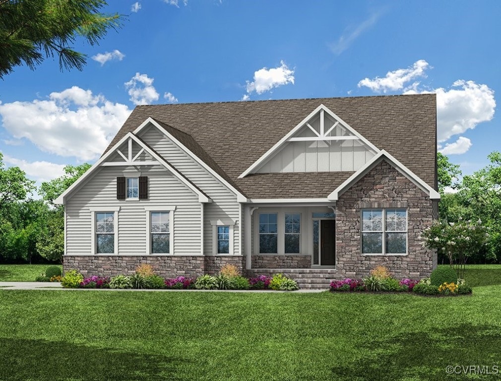 view of front of house featuring board and batten siding, a shingled roof, and a front lawn