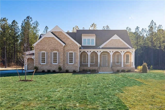 view of front of home featuring a front lawn, a porch, and brick siding