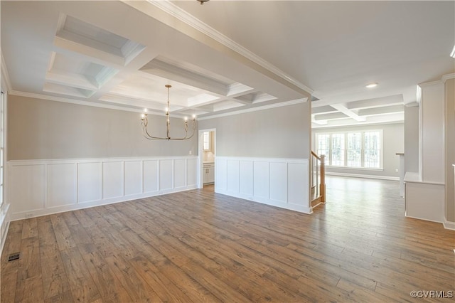 8383 Mount Eagle Rd, Hanover, VA 23005 - spare room with coffered ceiling, a chandelier, beam ceiling, hardwood / wood-style floors, and ornamental molding