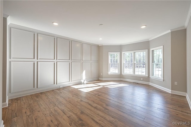 8383 Mount Eagle Rd, Hanover, VA 23005 - unfurnished living room with crown molding, baseboards, wood-type flooring, and recessed lighting
