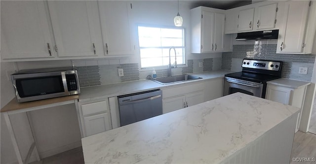 kitchen with decorative backsplash, appliances with stainless steel finishes, white cabinets, a sink, and under cabinet range hood