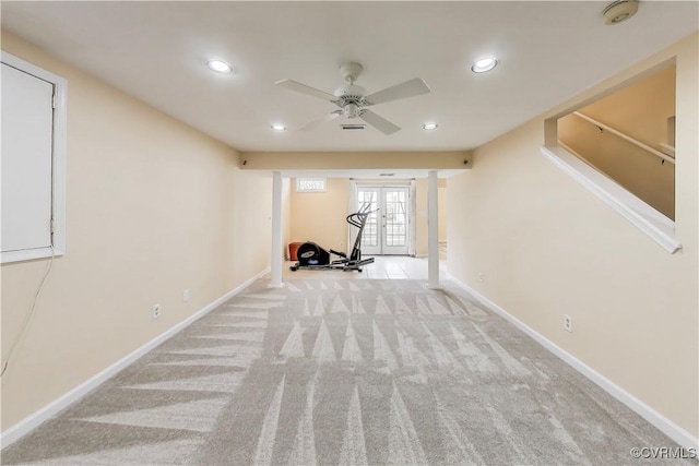 workout room featuring carpet floors, baseboards, a ceiling fan, and recessed lighting