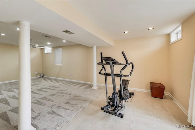 workout area featuring recessed lighting, visible vents, baseboards, and tile patterned floors