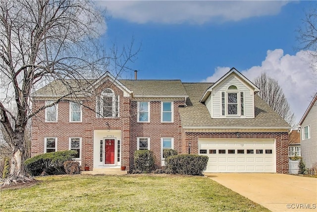 view of front of house featuring brick siding, a shingled roof, concrete driveway, a front yard, and a garage