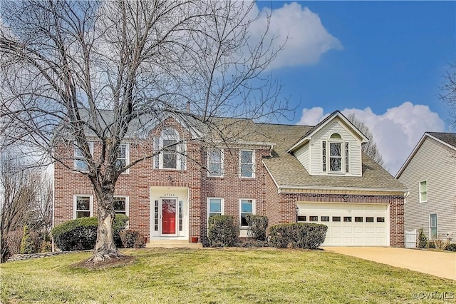 view of front of property featuring a shingled roof, concrete driveway, brick siding, and a front lawn