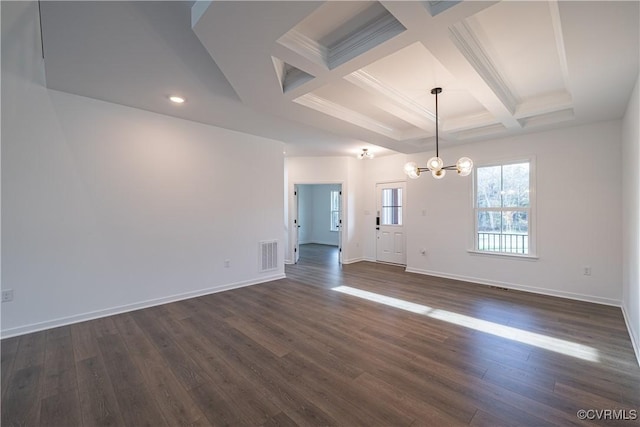 empty room featuring dark wood-style floors, visible vents, coffered ceiling, and an inviting chandelier