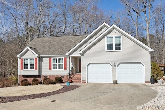 view of front facade with crawl space, driveway, a garage, and a shingled roof