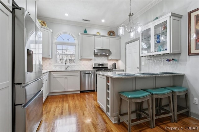 kitchen featuring under cabinet range hood, stainless steel appliances, a peninsula, a sink, and visible vents