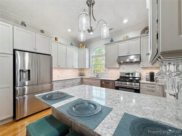 kitchen featuring tasteful backsplash, ornamental molding, stainless steel appliances, under cabinet range hood, and a sink