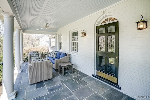 view of patio with an outdoor living space, a porch, and a ceiling fan