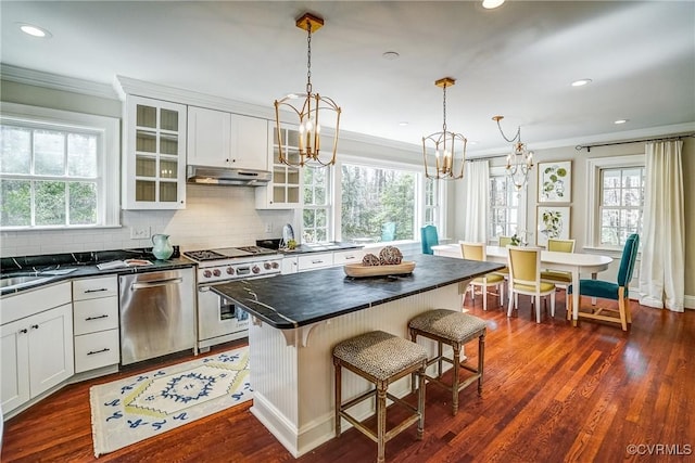 kitchen with dark wood-type flooring, a breakfast bar, under cabinet range hood, dark countertops, and appliances with stainless steel finishes