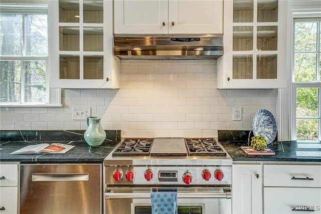 kitchen with glass insert cabinets, under cabinet range hood, decorative backsplash, appliances with stainless steel finishes, and white cabinets