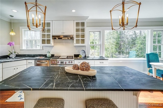 kitchen featuring dark countertops, a notable chandelier, appliances with stainless steel finishes, and under cabinet range hood