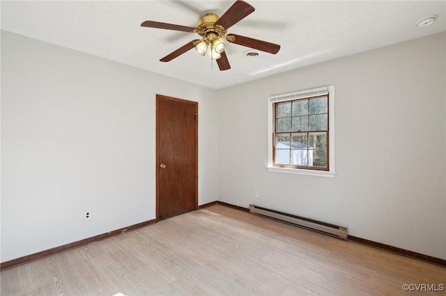 empty room featuring visible vents, baseboards, a ceiling fan, a baseboard radiator, and light wood-type flooring