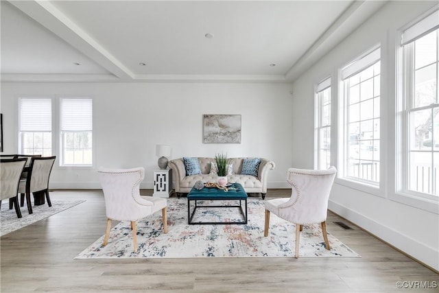 living area featuring wood finished floors, visible vents, and baseboards