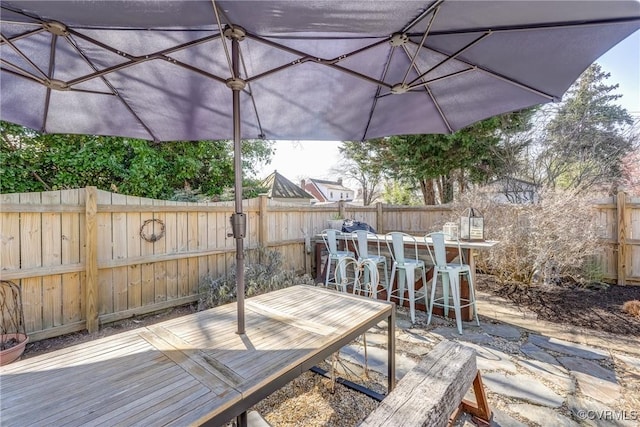 wooden deck featuring outdoor dry bar and a fenced backyard