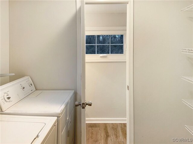 605 Conley Rd, Richmond, VA 23227 - laundry room featuring laundry area, washer and clothes dryer, baseboards, and wood finished floors