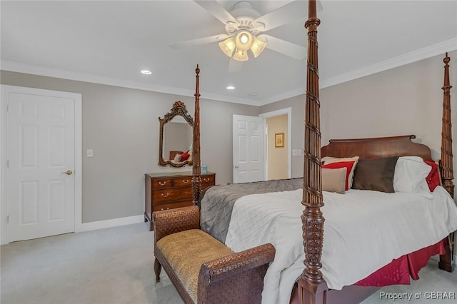 carpeted bedroom featuring ornamental molding, recessed lighting, a ceiling fan, and baseboards