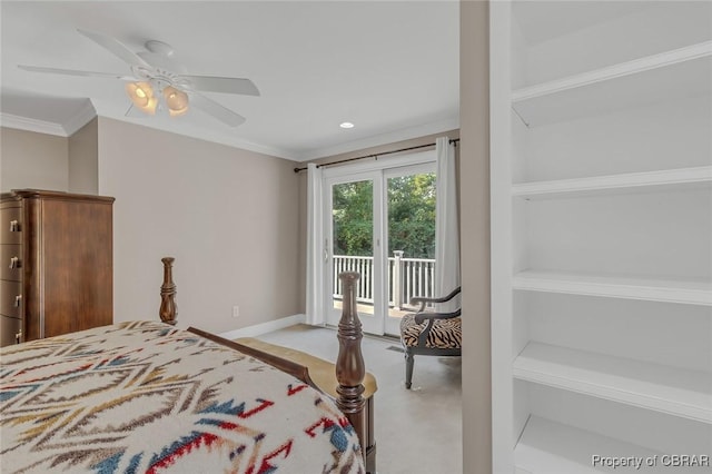 bedroom featuring ceiling fan, recessed lighting, baseboards, access to outside, and crown molding