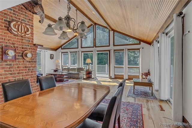 sunroom / solarium with a chandelier, wooden ceiling, and vaulted ceiling with beams